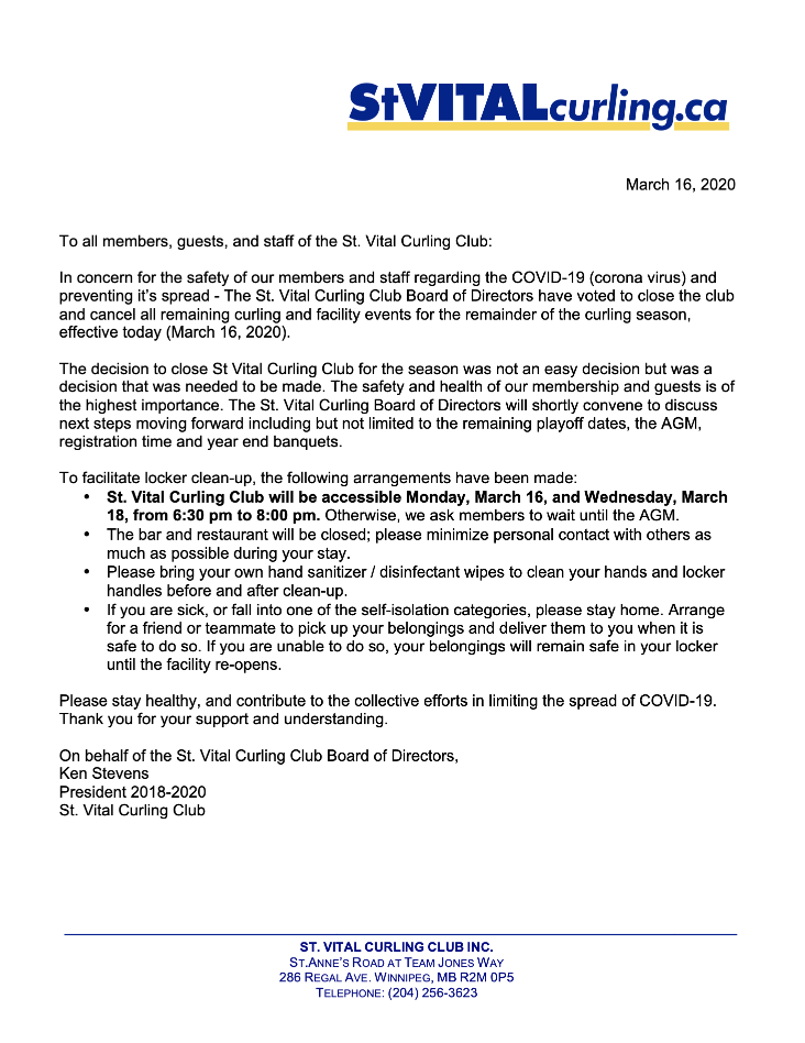 Club Closure for COVID-19