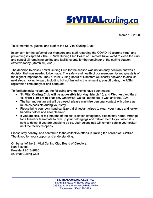 Club Closure for COVID-19